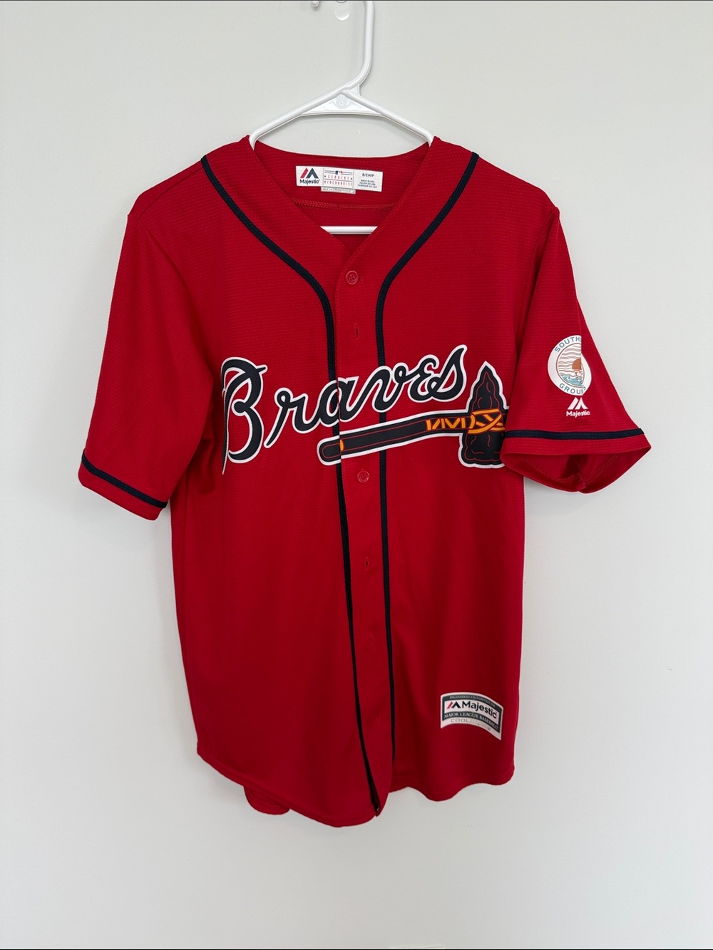 Majestic Red Braves Baseball Jersey with Navy Trim